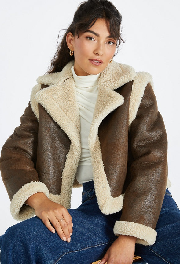 4 in 1 Shearling Faux Leather Long Coat Brown Combo