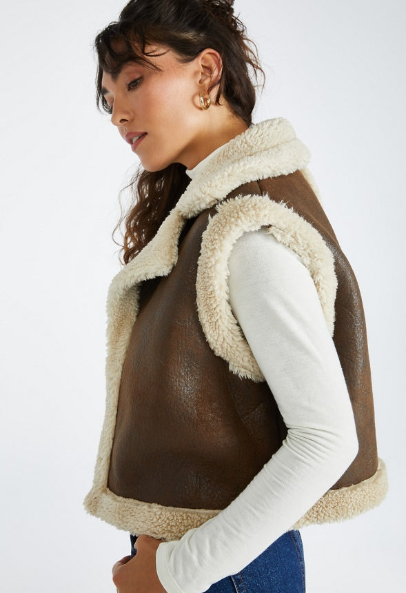 4 in 1 Shearling Faux Leather Long Coat Brown Combo