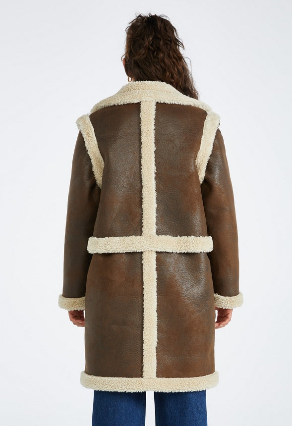 4 in 1 Shearling Faux Leather Long Coat Brown Combo