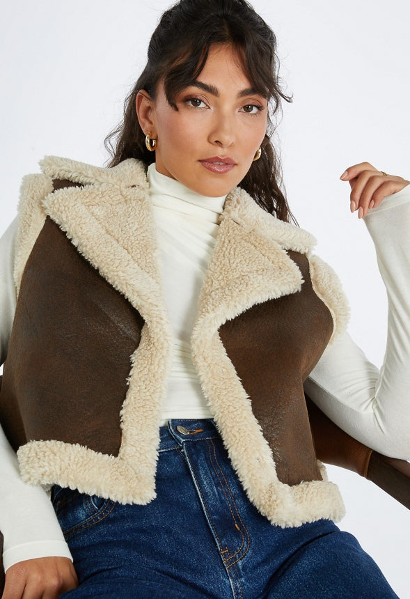 4 in 1 Shearling Faux Leather Long Coat Brown Combo