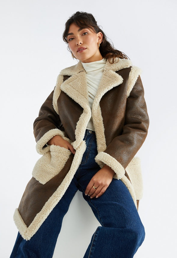 4 in 1 Shearling Faux Leather Long Coat Brown Combo