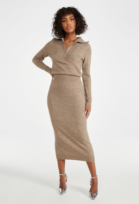 Quarter Zip Sweater Midi Dress Warm Taupe