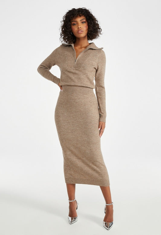 Quarter Zip Sweater Midi Dress Warm Taupe