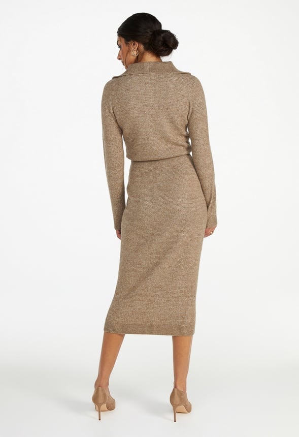 Quarter Zip Sweater Midi Dress Warm Taupe