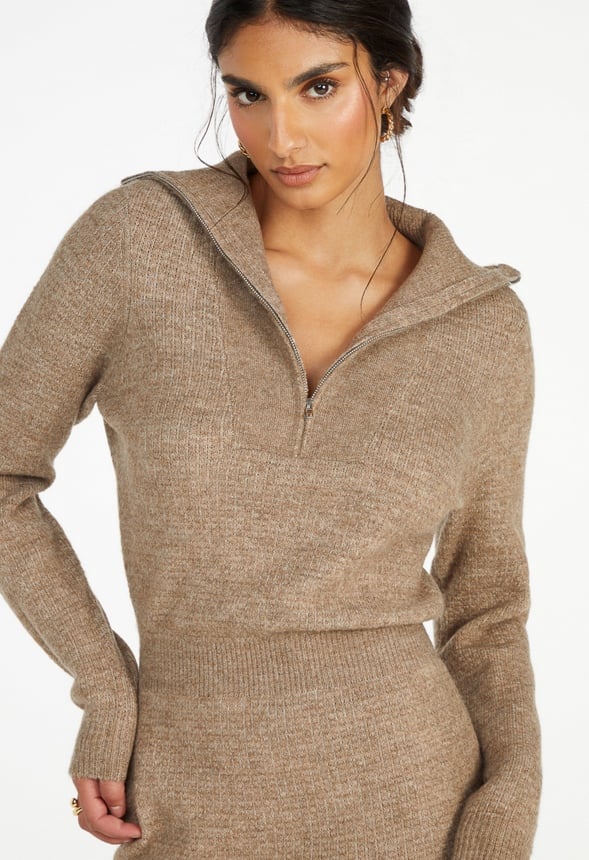 Quarter Zip Sweater Midi Dress Warm Taupe