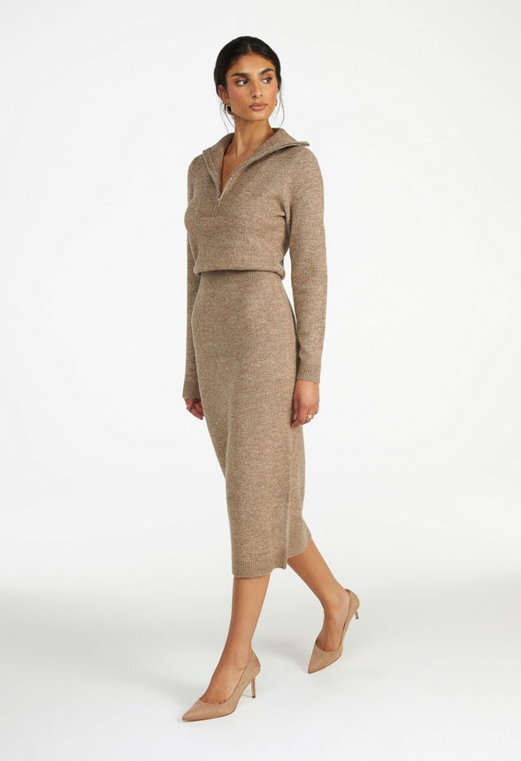 Quarter Zip Sweater Midi Dress Warm Taupe