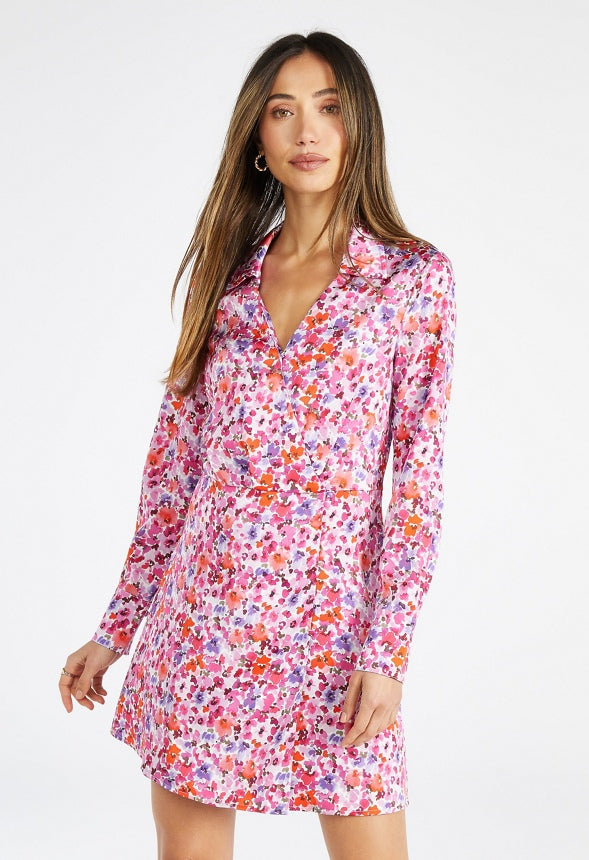 Satin Wrap Mini Dress Ditsy Watercolor Floral