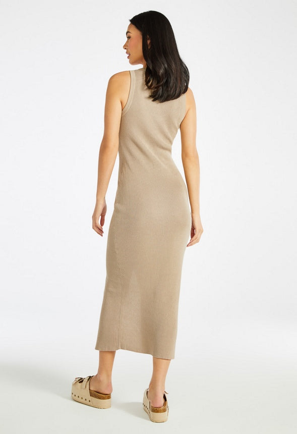 Scoop Neck Midi Slit Dress Taupe