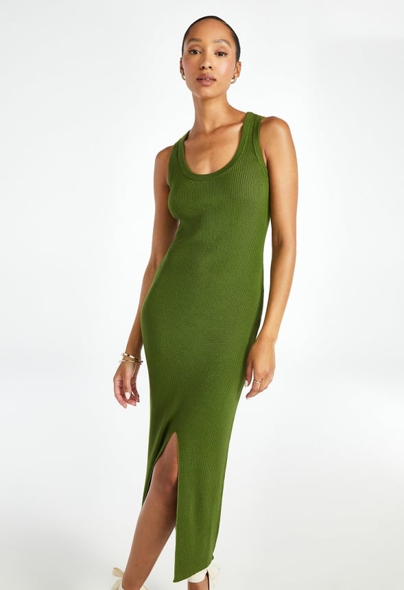 Scoop Neck Midi Slit Dress Woodbine Green