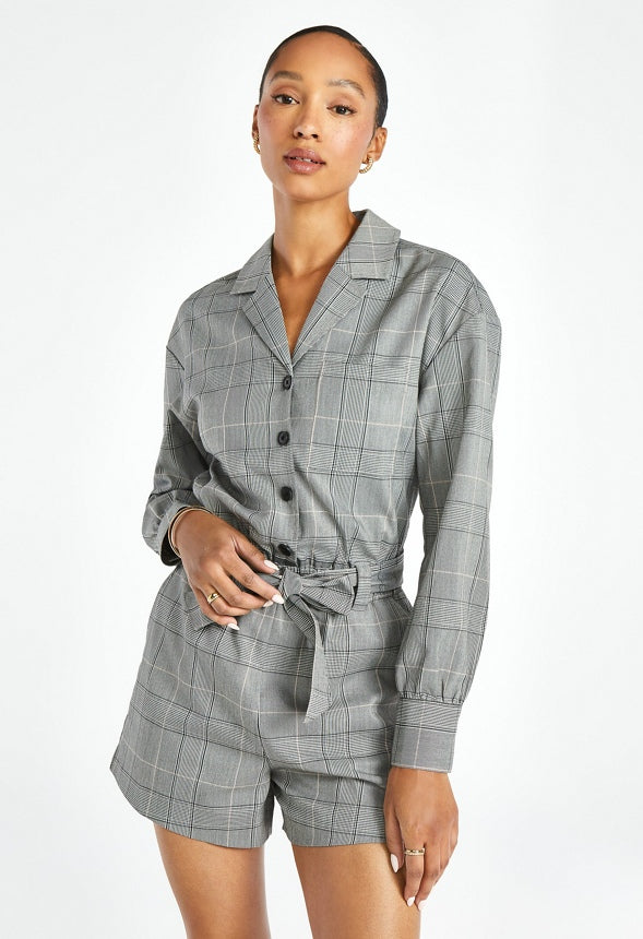 Belted Menswear Playsuit Neutral Plaid