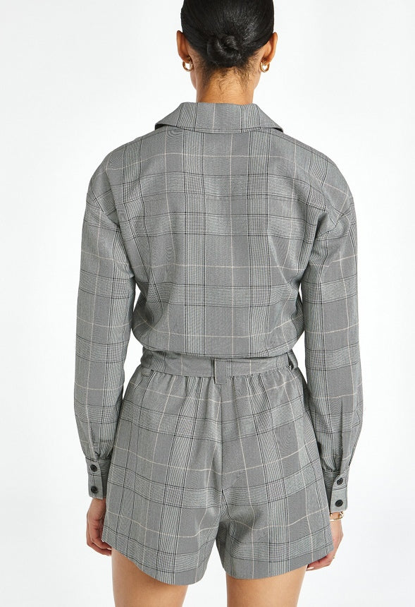 Belted Menswear Playsuit Neutral Plaid