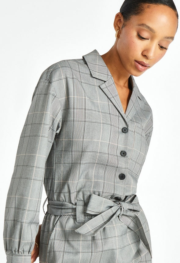 Belted Menswear Playsuit Neutral Plaid