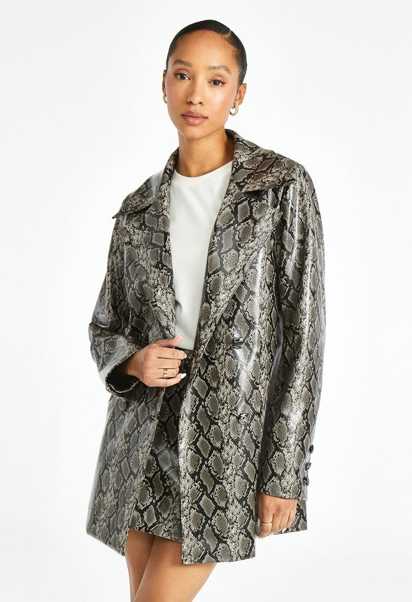 Faux Leather Pea Coat Dark Grey Snakeskin