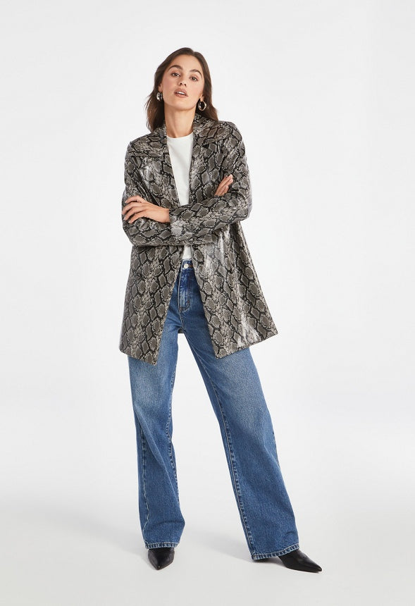 Faux Leather Pea Coat Dark Grey Snakeskin