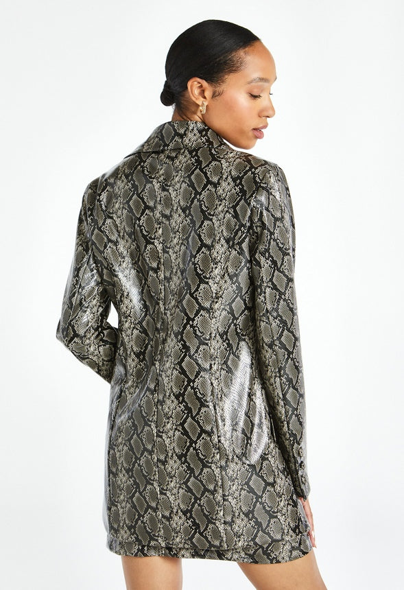 Faux Leather Pea Coat Dark Grey Snakeskin