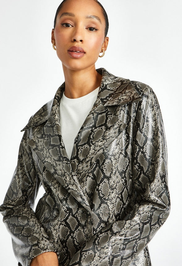 Faux Leather Pea Coat Dark Grey Snakeskin