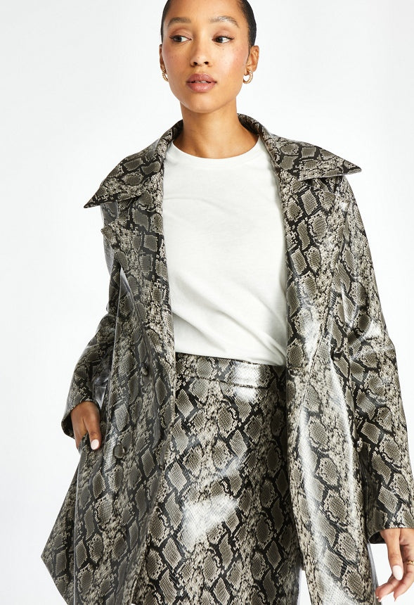 Faux Leather Pea Coat Dark Grey Snakeskin