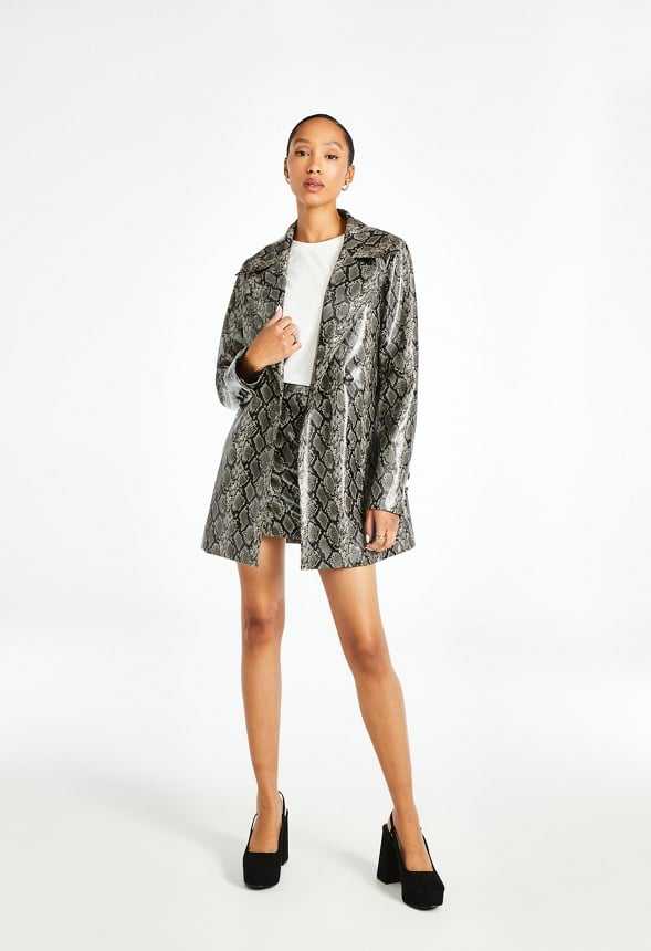 Faux Leather Pea Coat Dark Grey Snakeskin