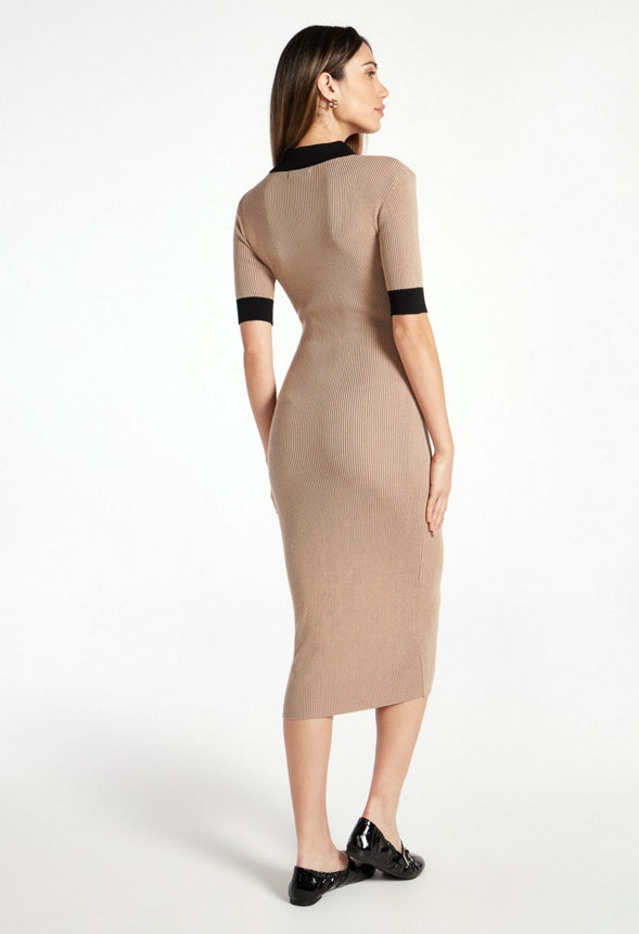 Contrast Ribbed Polo Midi Dress Beige/ Black Caviar