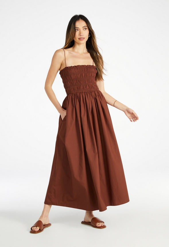 Smocked Square Neck Maxi Dress Coffee