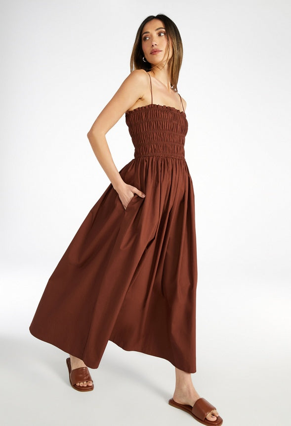 Smocked Square Neck Maxi Dress Coffee