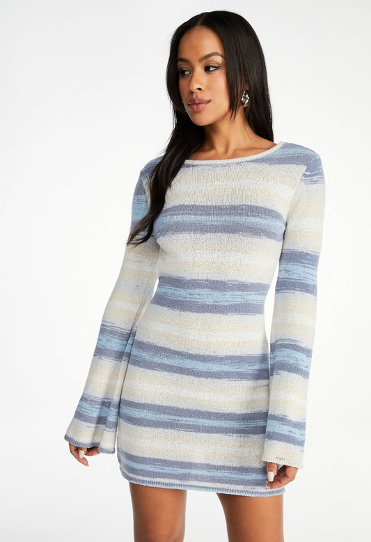 Long Sleeve Scoop Back Mini Dress Blue Spacedye