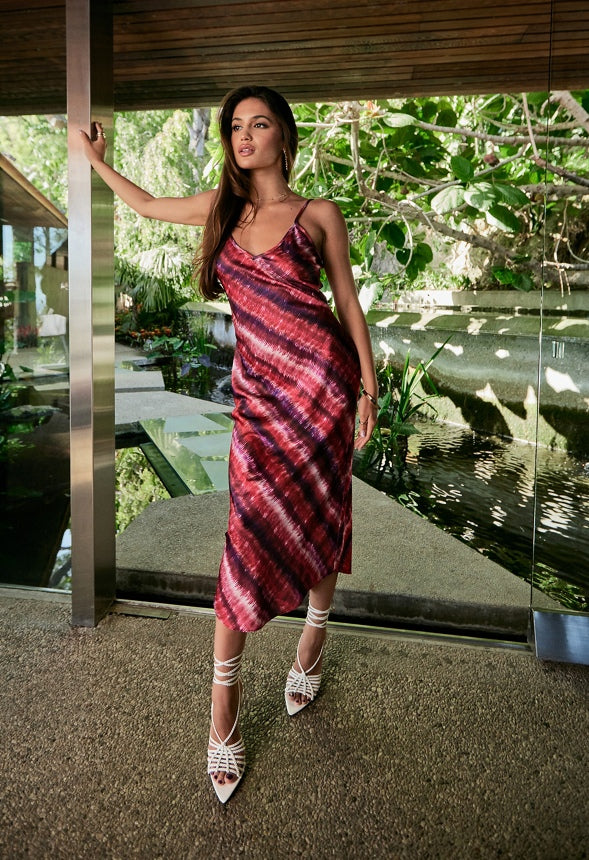 V-Neck Midi Slip Dress Watercolor Stripe