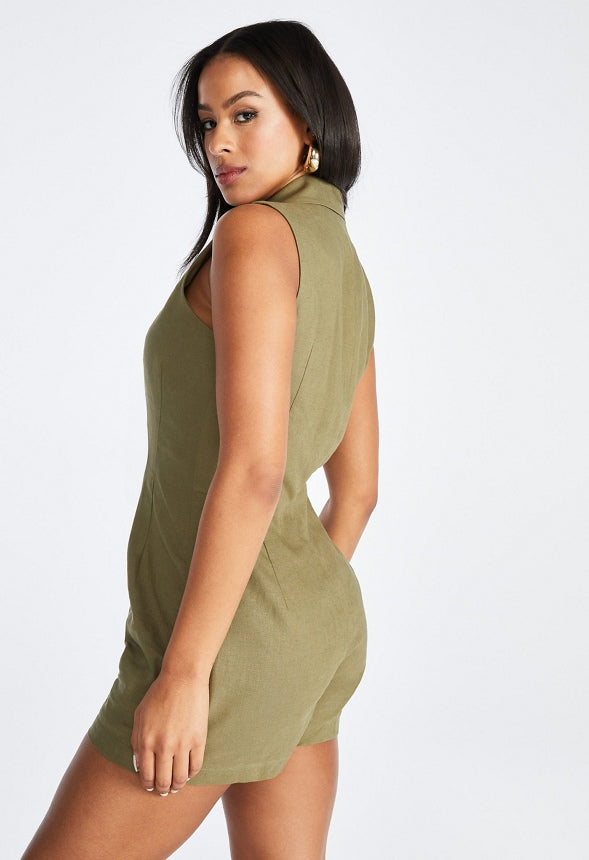 Sleeveless Wrap Blazer Romper Olive Green