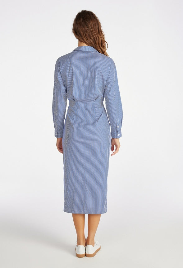 Twist Front Shirt Midi Dress White/ Blue Pinstripe
