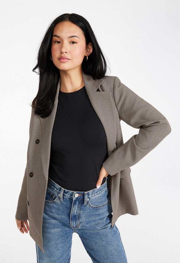 Double Breasted Straight Blazer Brown/ Black Houndstooth