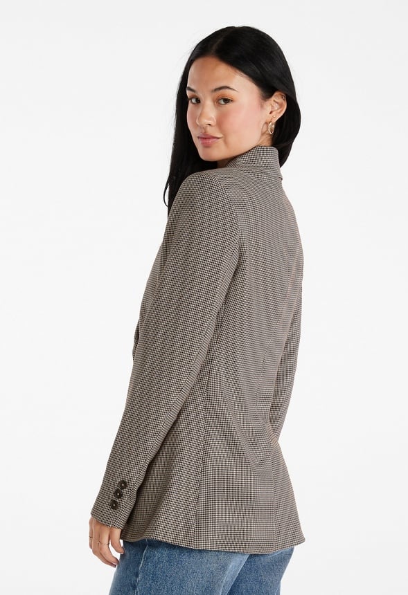 Double Breasted Straight Blazer Brown/ Black Houndstooth