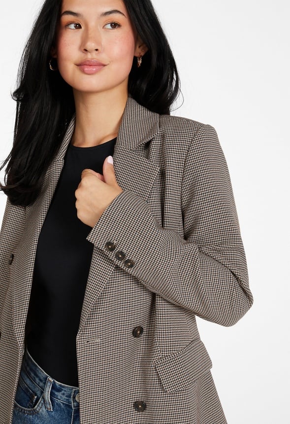 Double Breasted Straight Blazer Brown/ Black Houndstooth