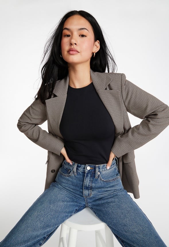 Double Breasted Straight Blazer Brown/ Black Houndstooth