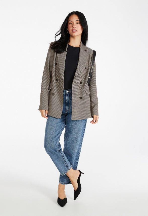 Double Breasted Straight Blazer Brown/ Black Houndstooth