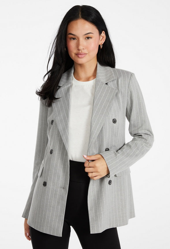 Double Breasted Straight Blazer Grey Pinstripe