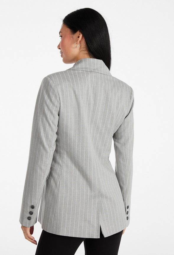 Double Breasted Straight Blazer Grey Pinstripe