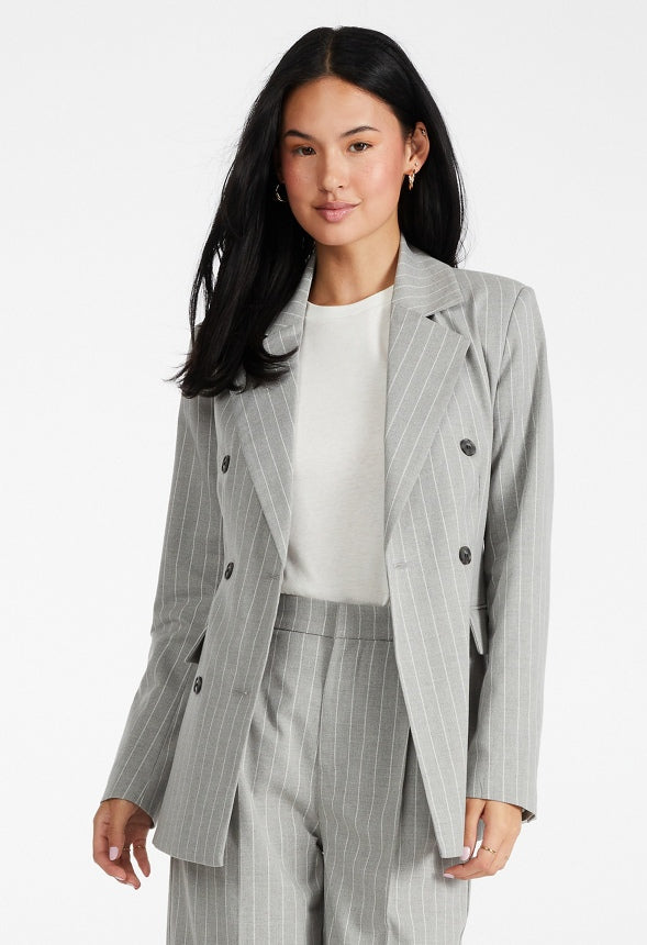 Double Breasted Straight Blazer Grey Pinstripe