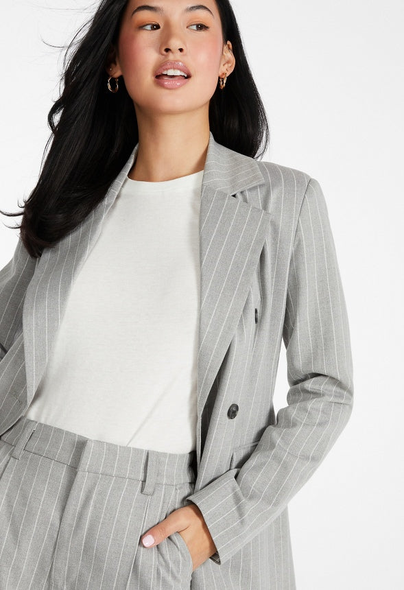 Double Breasted Straight Blazer Grey Pinstripe