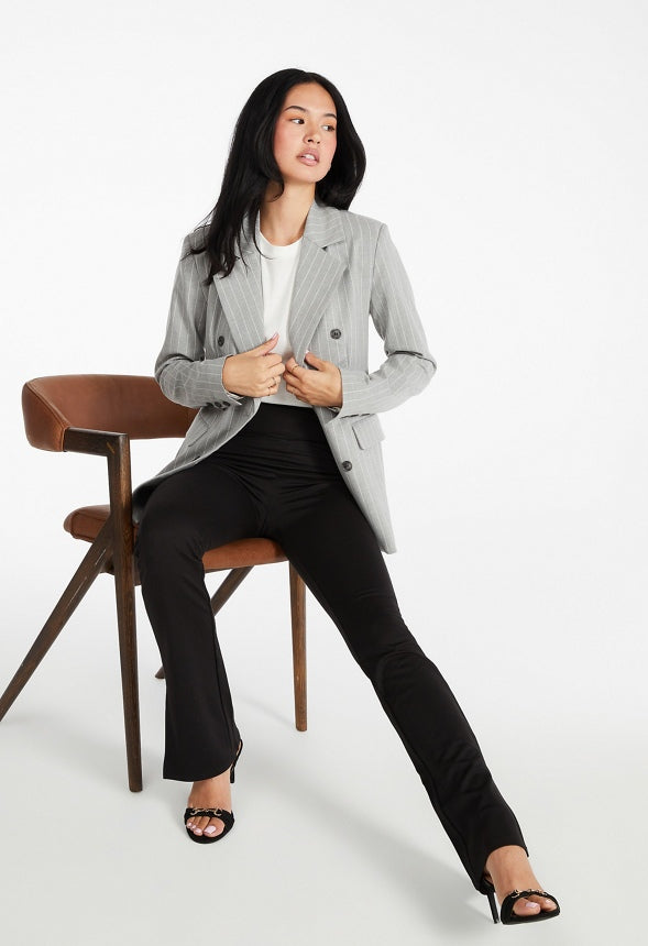 Double Breasted Straight Blazer Grey Pinstripe