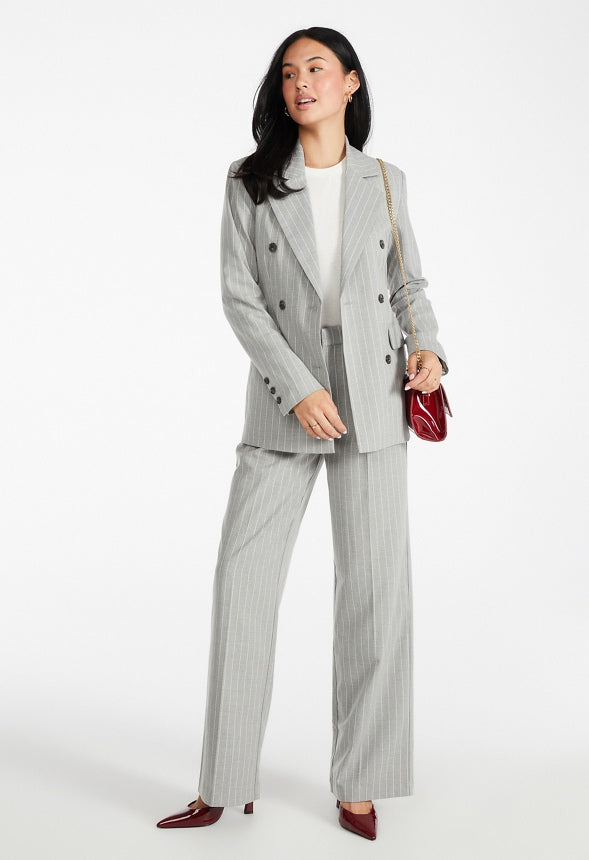 Double Breasted Straight Blazer Grey Pinstripe
