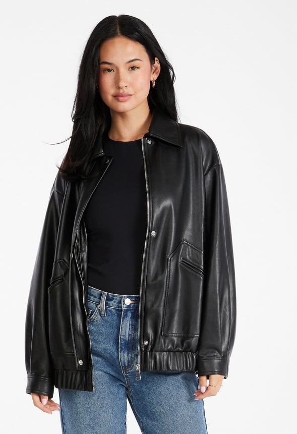 Faux Leather Oversized Bomber Black Caviar