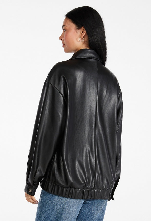 Faux Leather Oversized Bomber Black Caviar