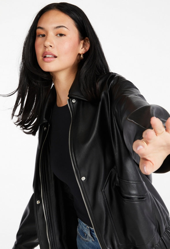 Faux Leather Oversized Bomber Black Caviar
