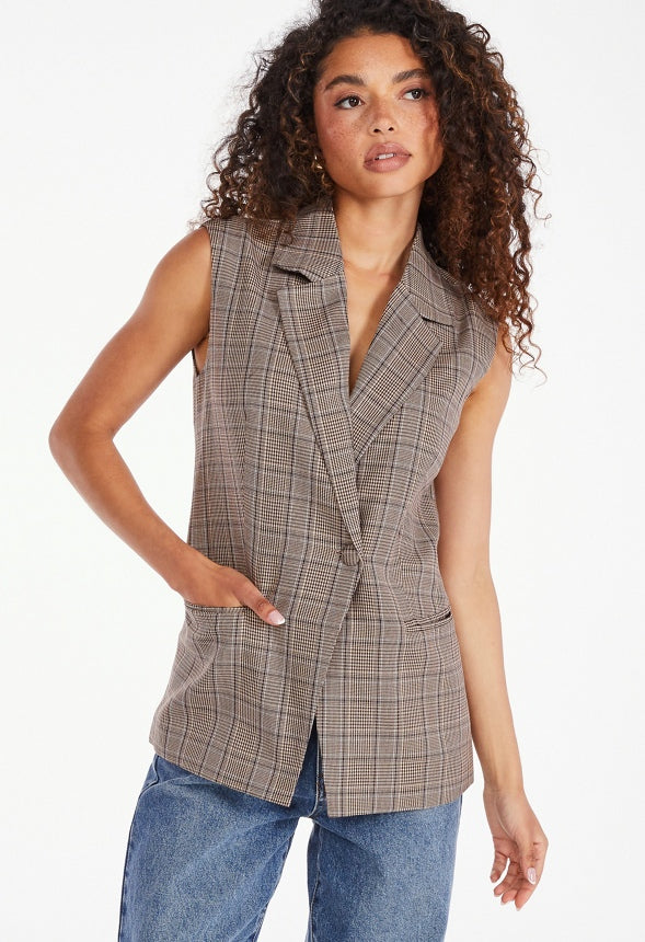 Sleeveless Blazer Brown Multi