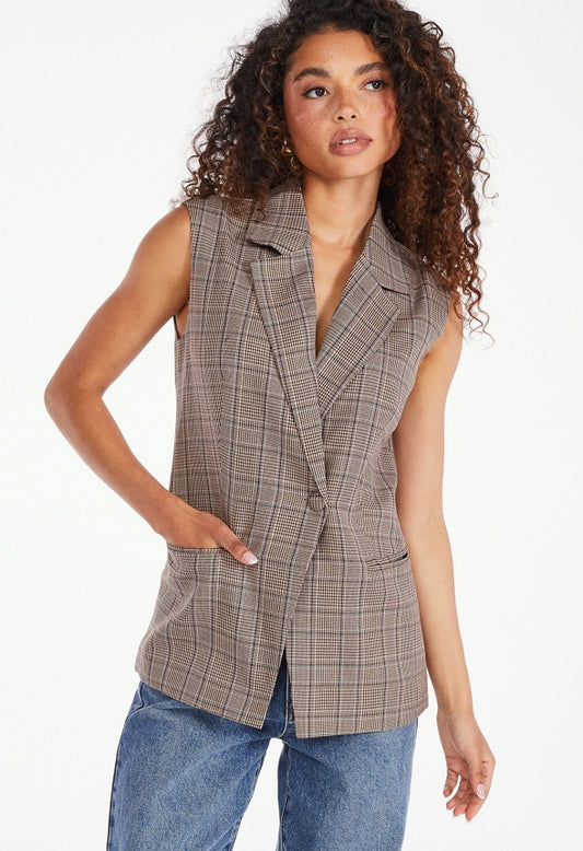 Sleeveless Blazer Brown Multi