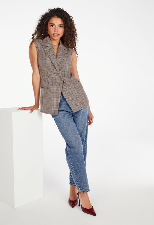 Sleeveless Blazer Brown Multi