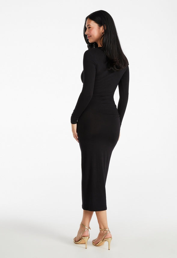 Ruched Long Sleeve Midi Dress Black Caviar