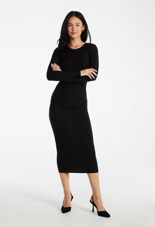 Ruched Long Sleeve Midi Dress Black Caviar
