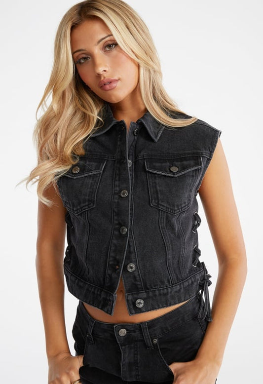 Lace Up Denim Vest Mascara