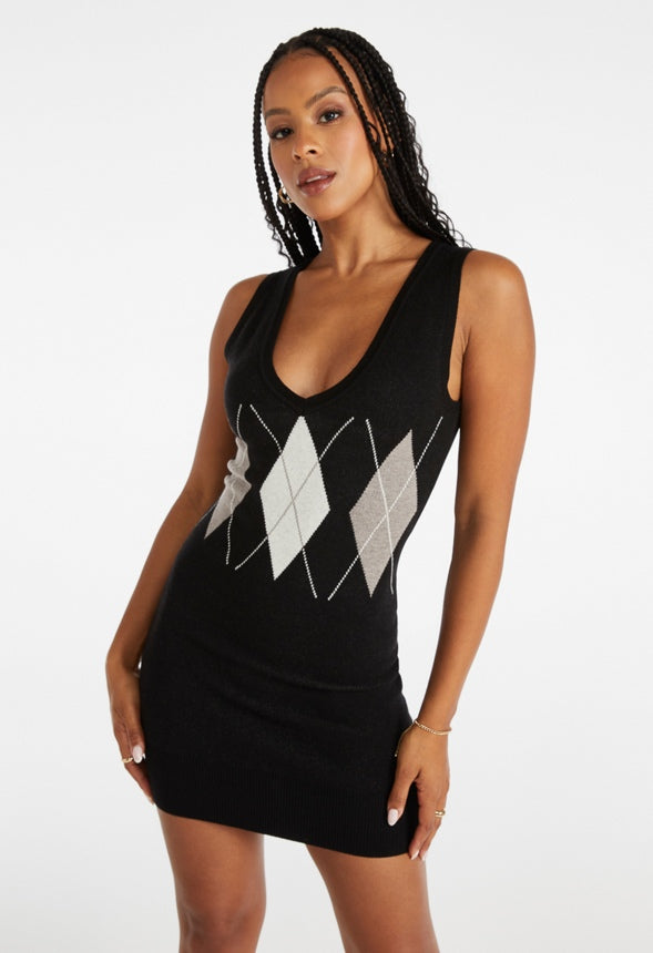 Argyle Mini Dress Dark Heather Grey/ Pristine/ Black Caviar